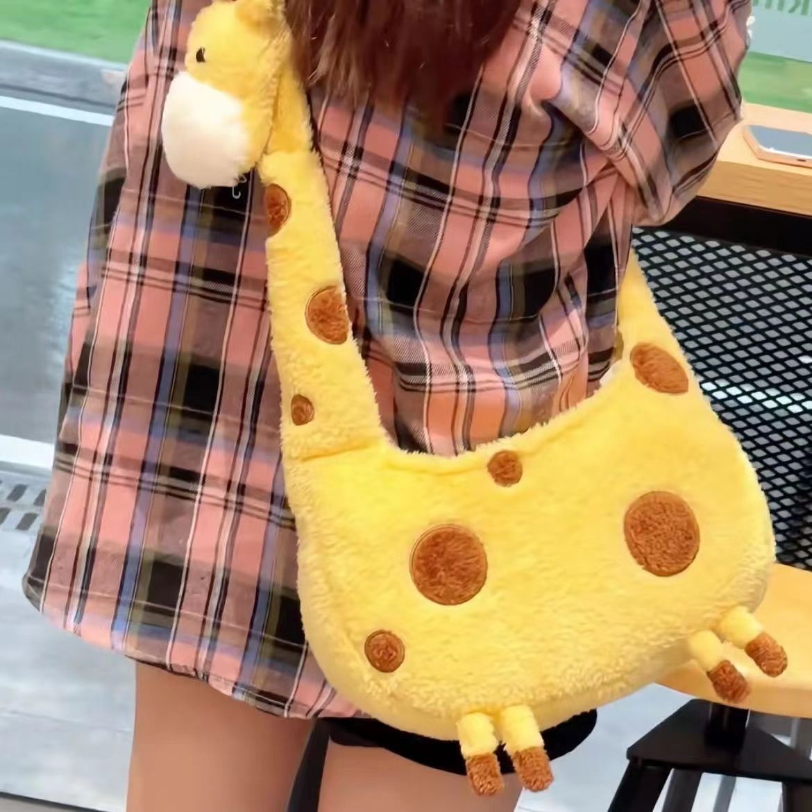 Cartoon Cute Giraffe Plush Korean Sweet Girly Three-dimensional Women's Shoulder Bag