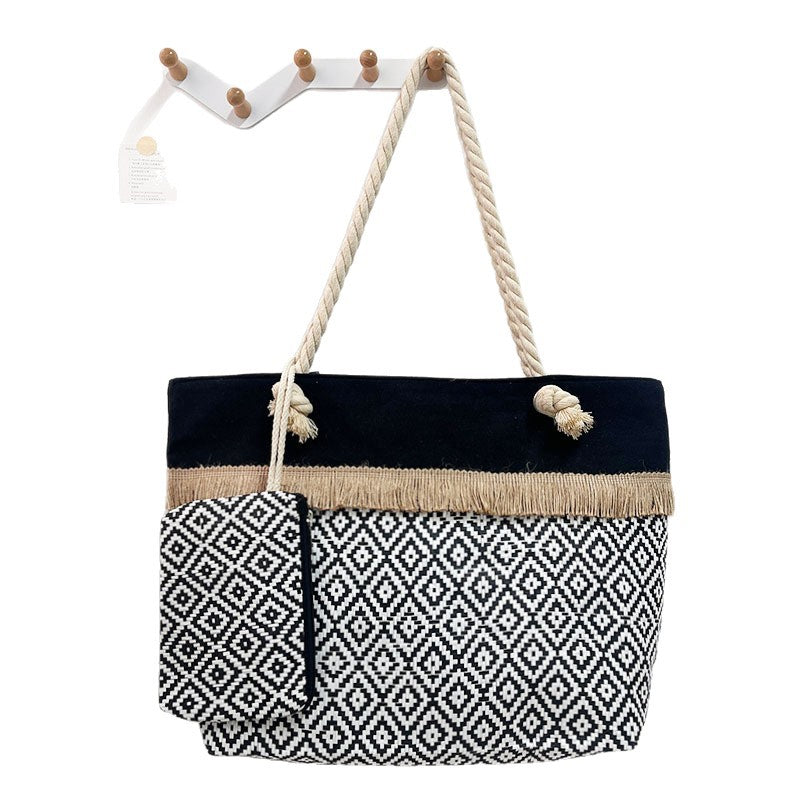 Straw Mat Stitching Large Cotton String Women's Shoulder Bag