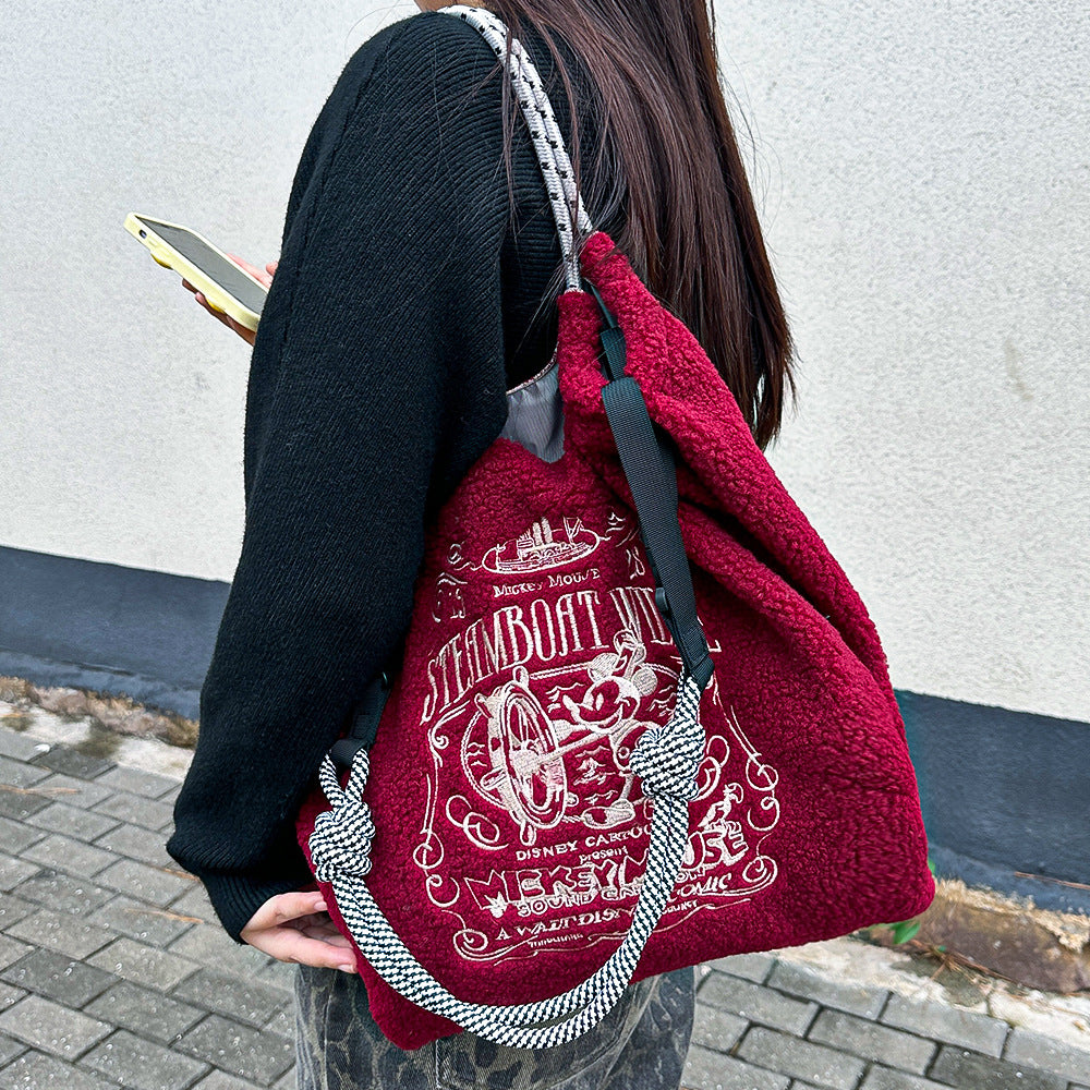 Embroidered Plush Green Shopping Simple Commute Women's Shoulder Bag