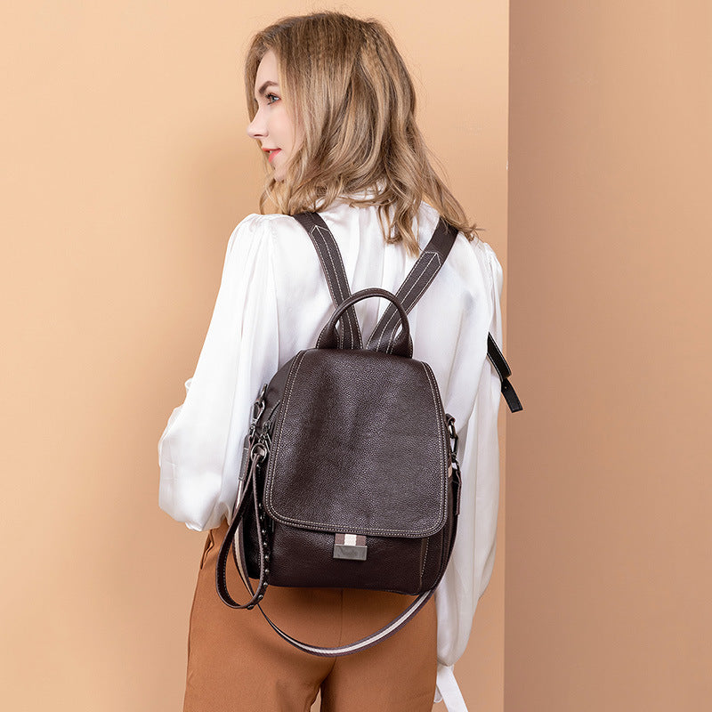 Women's Korean Genuine Leather Cowhide Flip Soft Backpacks