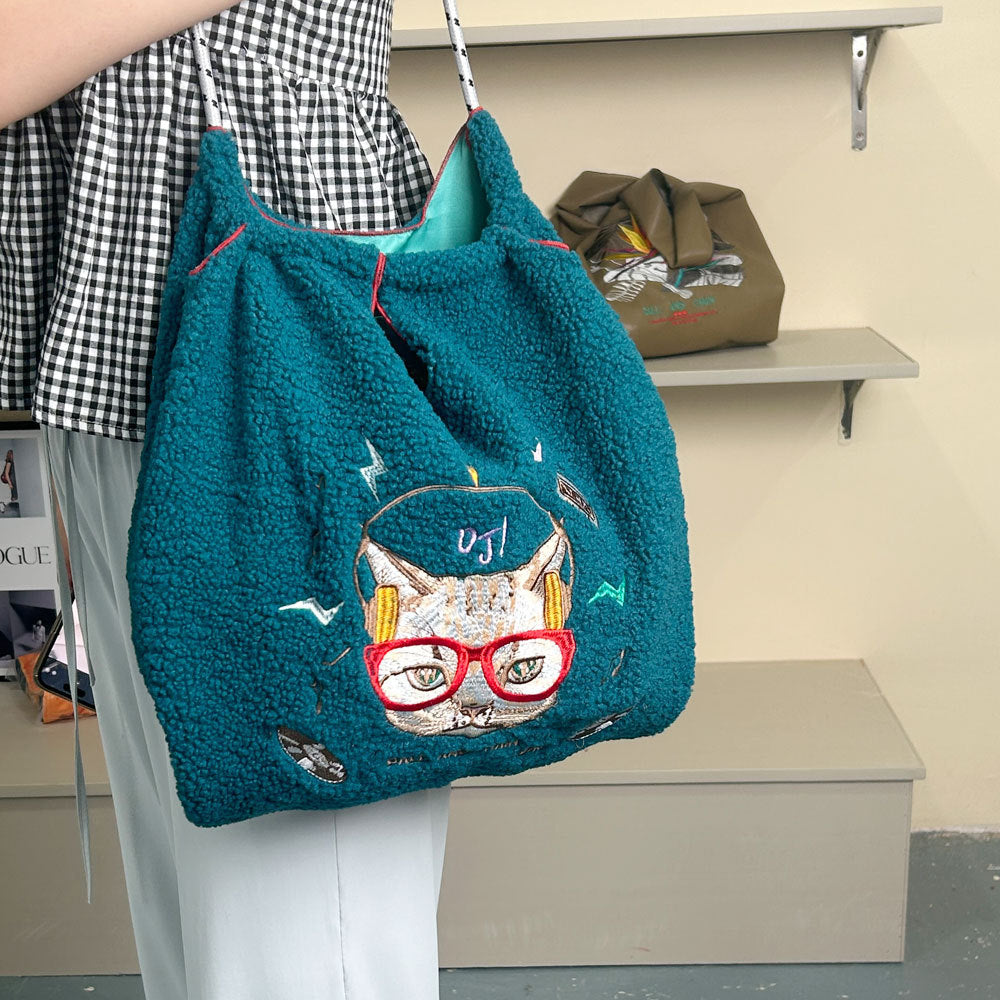 Embroidered Plush Green Shopping Simple Commute Women's Shoulder Bag