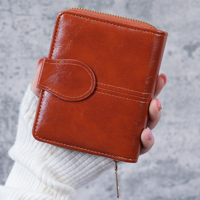 Women's Oil Wax Leather Vintage Short Korean Fashion Zipper Ladies Wallet