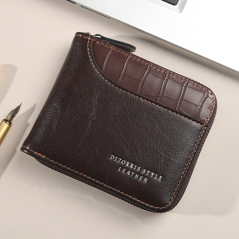 Men's Short Horizontal Zipper Vintage Cubic Men's Wallet