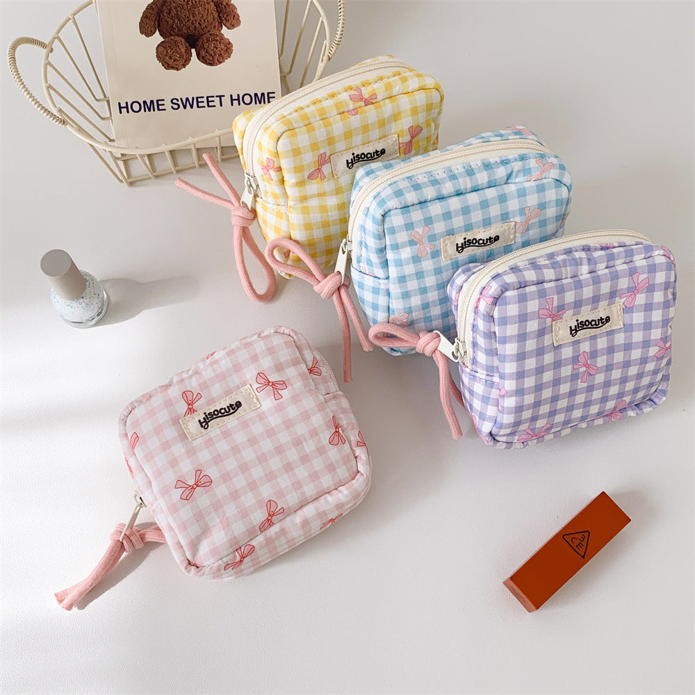 Women's Plaid Bowknot Portable Out Sanitary Napkin Storage Makeup Bag