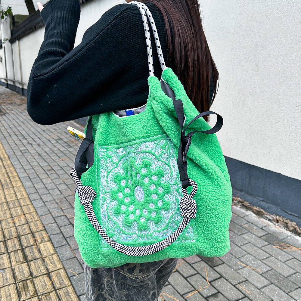 Embroidered Plush Green Shopping Simple Commute Women's Shoulder Bag