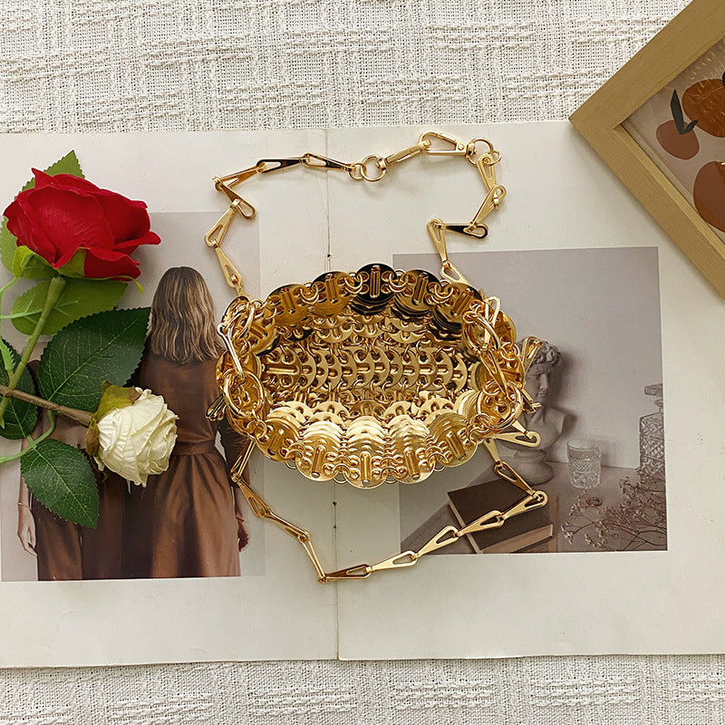 Women's Retro Metal Sequins Chain Hand-woven Sequin Underarm Mobile Phone Bags