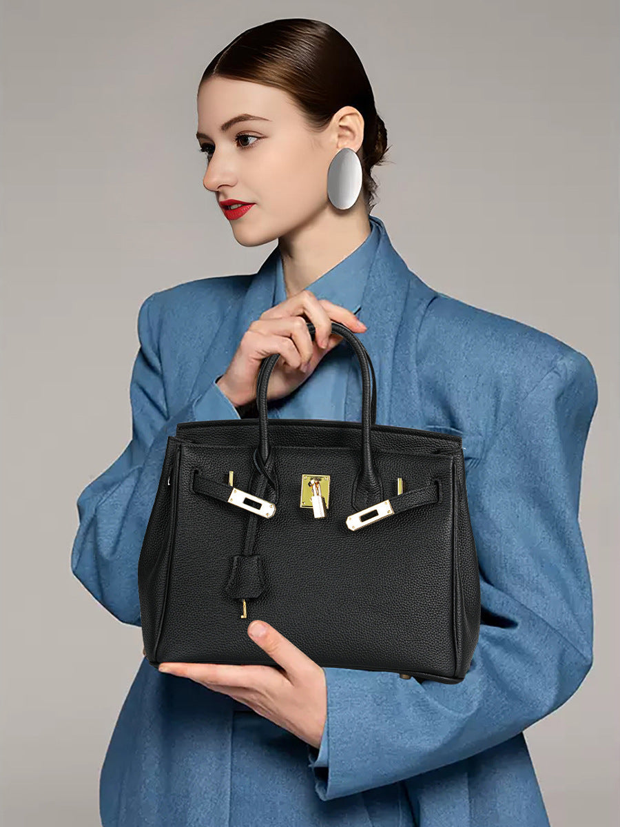 Women's Line First Layer Cowhide Handmade Litchi Grain Handbags