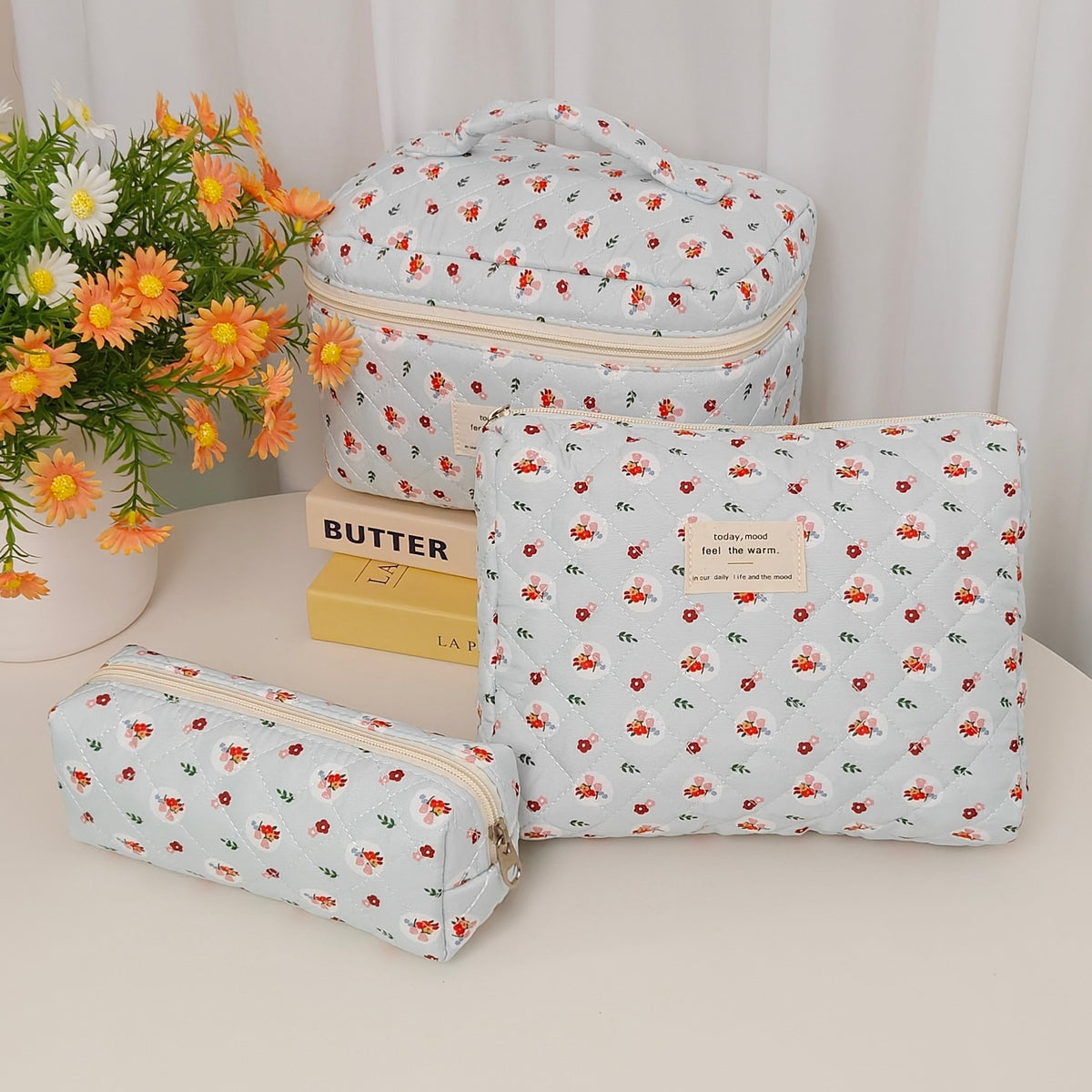Floral Polyester Cotton Vertical Large Capacity Partition Makeup Bag