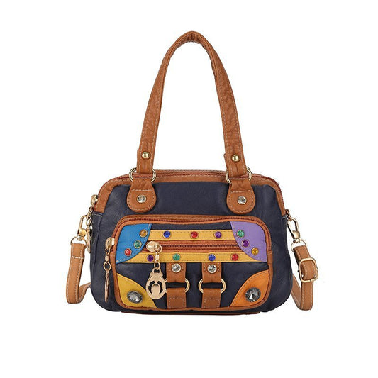 Women's Trendy Soft Washed Leather Color Matching Shoulder Bags