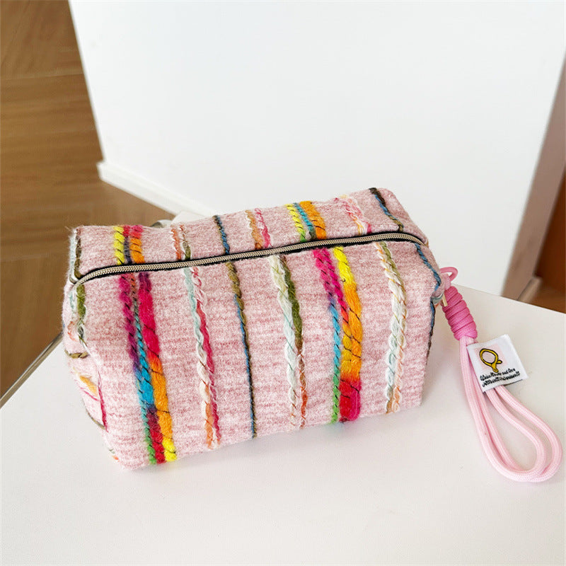 Striped Contrast Color Korean Style Canvas Three-dimensional Commuter Large Capacity Makeup Bag