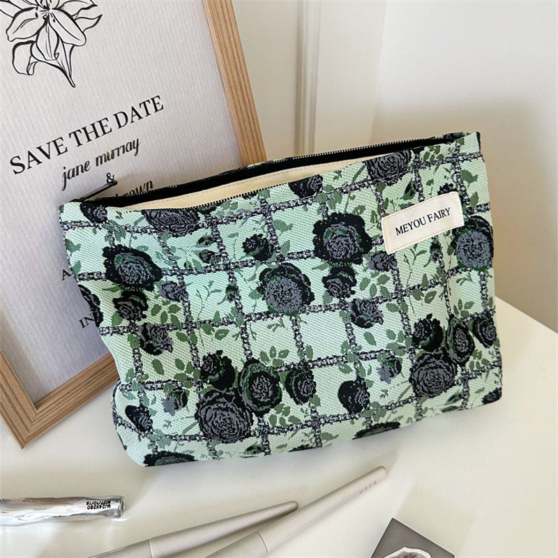 Plaid Rose Blackish Green Series Jacquard Canvas Large Capacity Artistic Makeup Bag