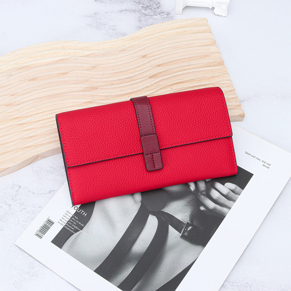 First Layer Cowhide Long Fashion Color Contrast Clutch Large Capacity Phone Bags