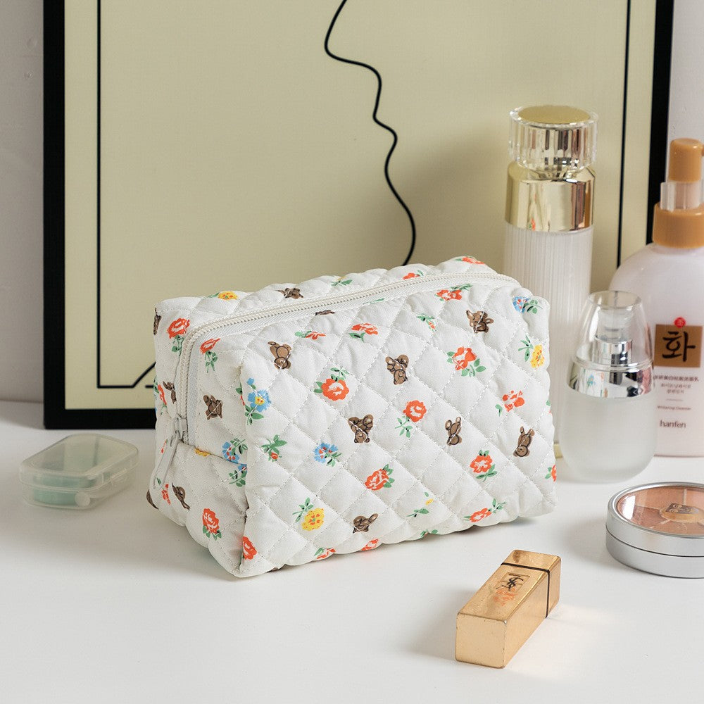 Floral Quilted Toiletries Portable Cosmetics Storage Makeup Bag