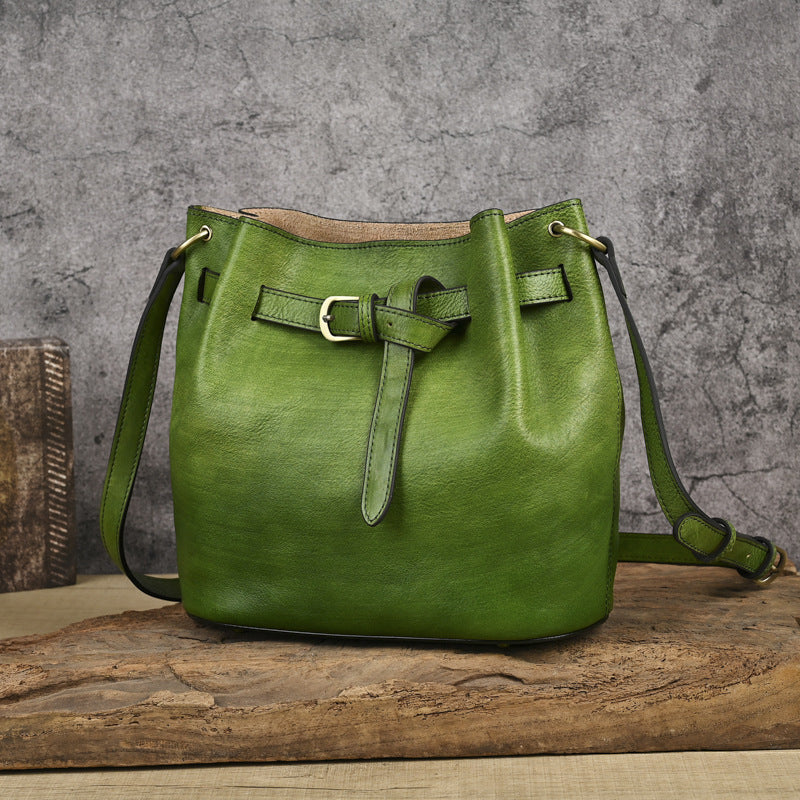 Women's First Layer Cowhide Solid Color Handmade Brushed Chinese Women's Shoulder Bag