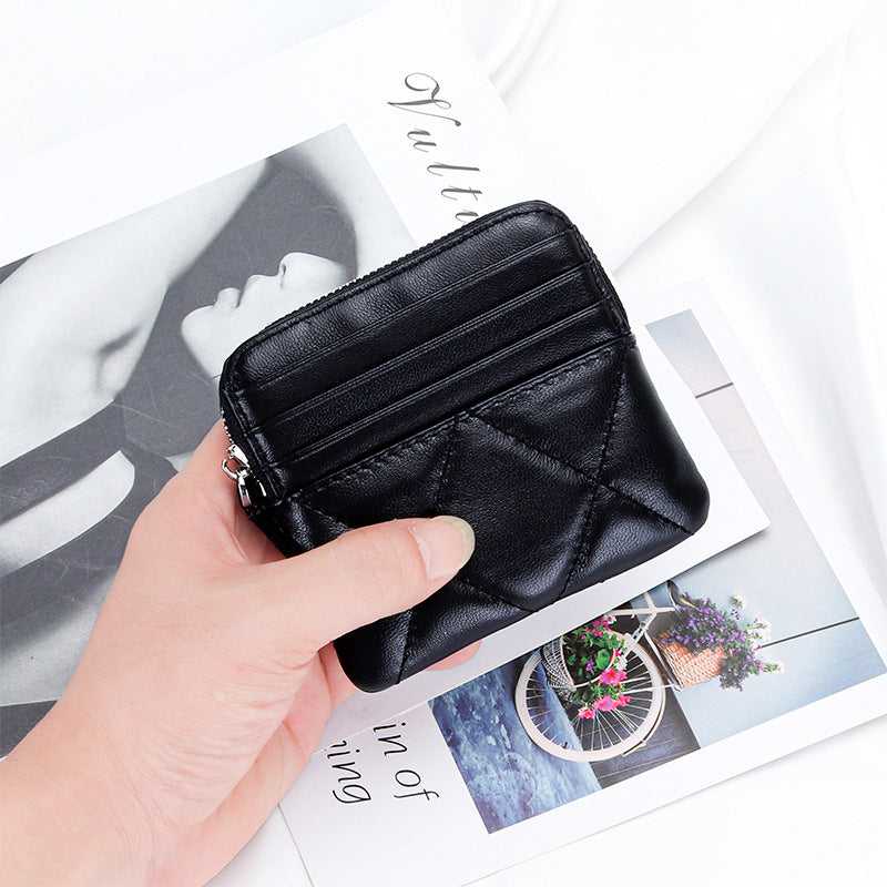 Women's Sheepskin Fashion Genuine Leather Embroidered Plaid Multiple Slots Coin Purses