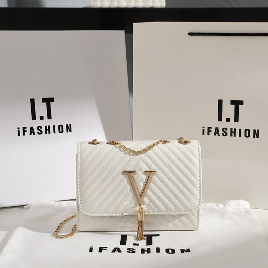 Women's Trendy Fashion Striped Embroidered V-shaped Tassel Crossbody Bags