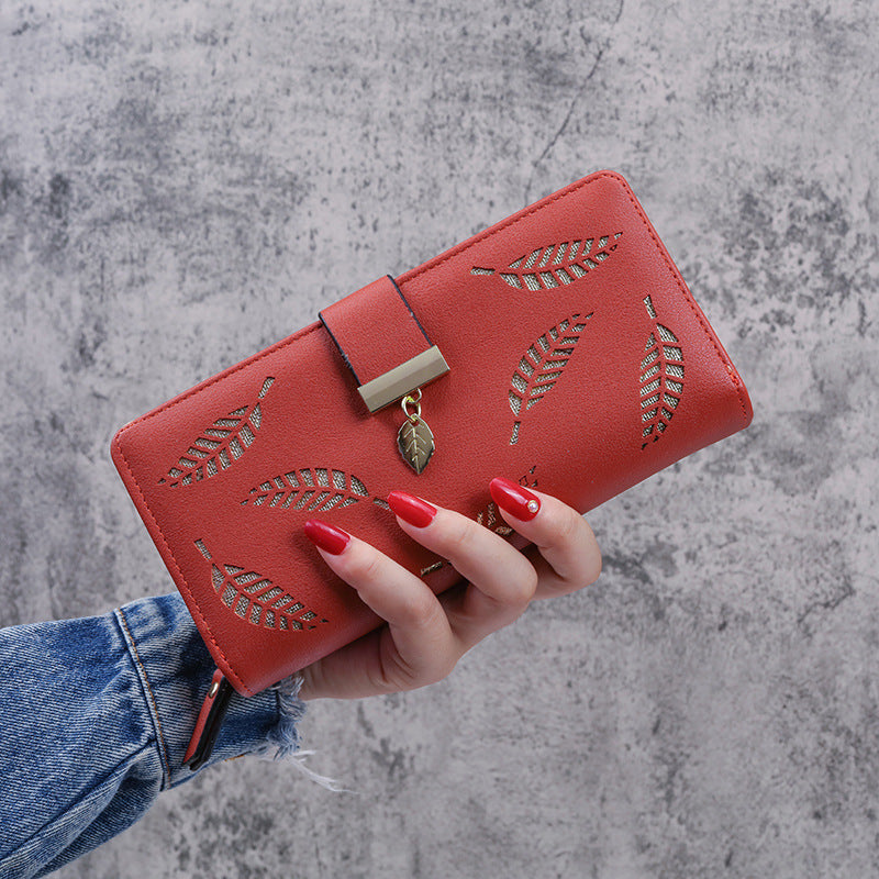 Women's Korean Leaf Hollow Long Zipper Hasp Clutch Ladies Wallet