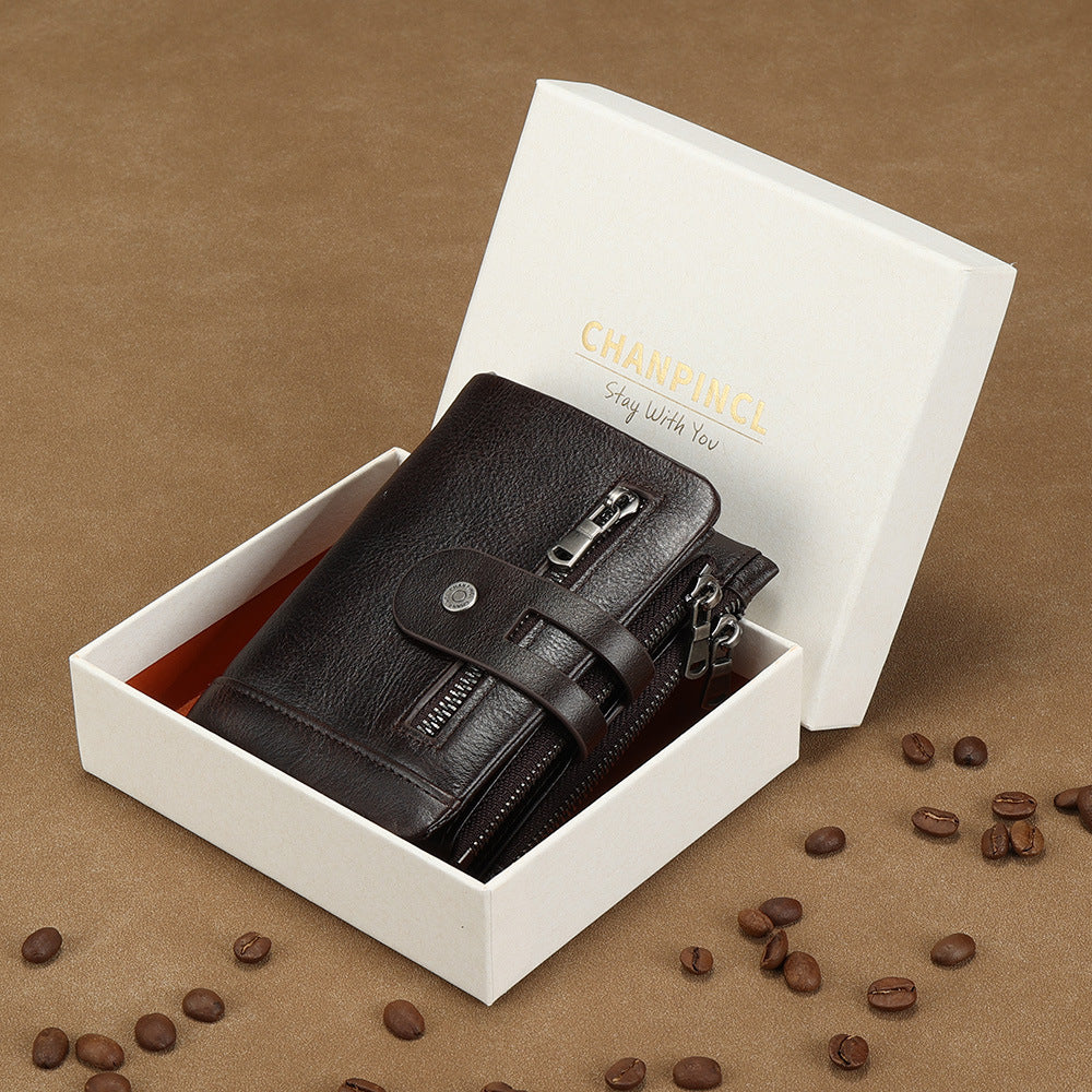 Men's Color First Layer Cowhide Double Zipper Multiple Slots Men's Wallets