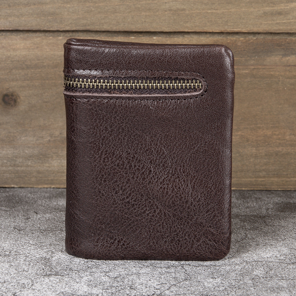 Men's Vertical Genuine Leather Folding First Layer Cowhide Hand Vegetable Tanned Men's Wallet
