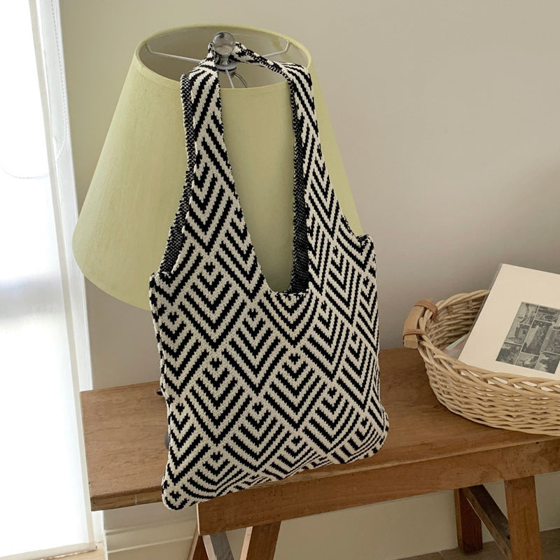 Sister Striped Knitted Large Capacity Woven Women's Shoulder Bag