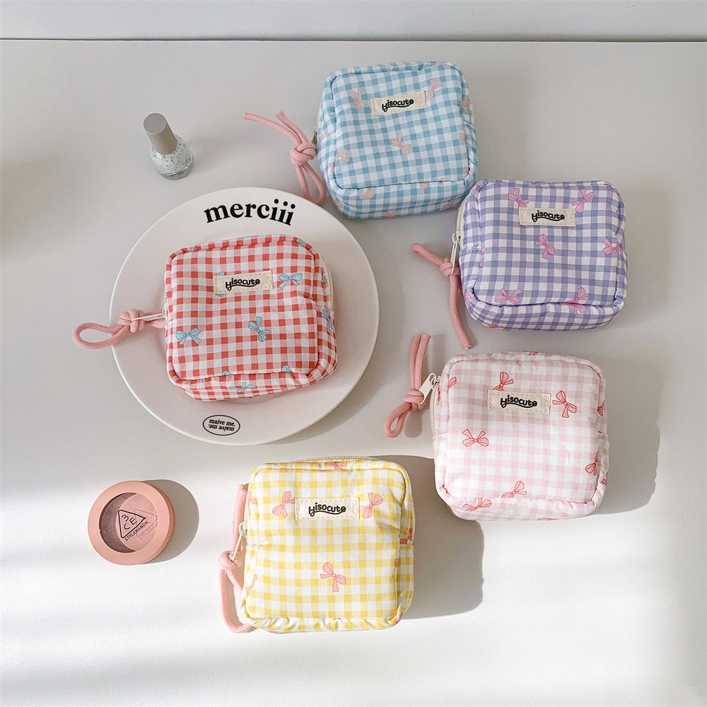 Women's Plaid Bowknot Portable Out Sanitary Napkin Storage Makeup Bag