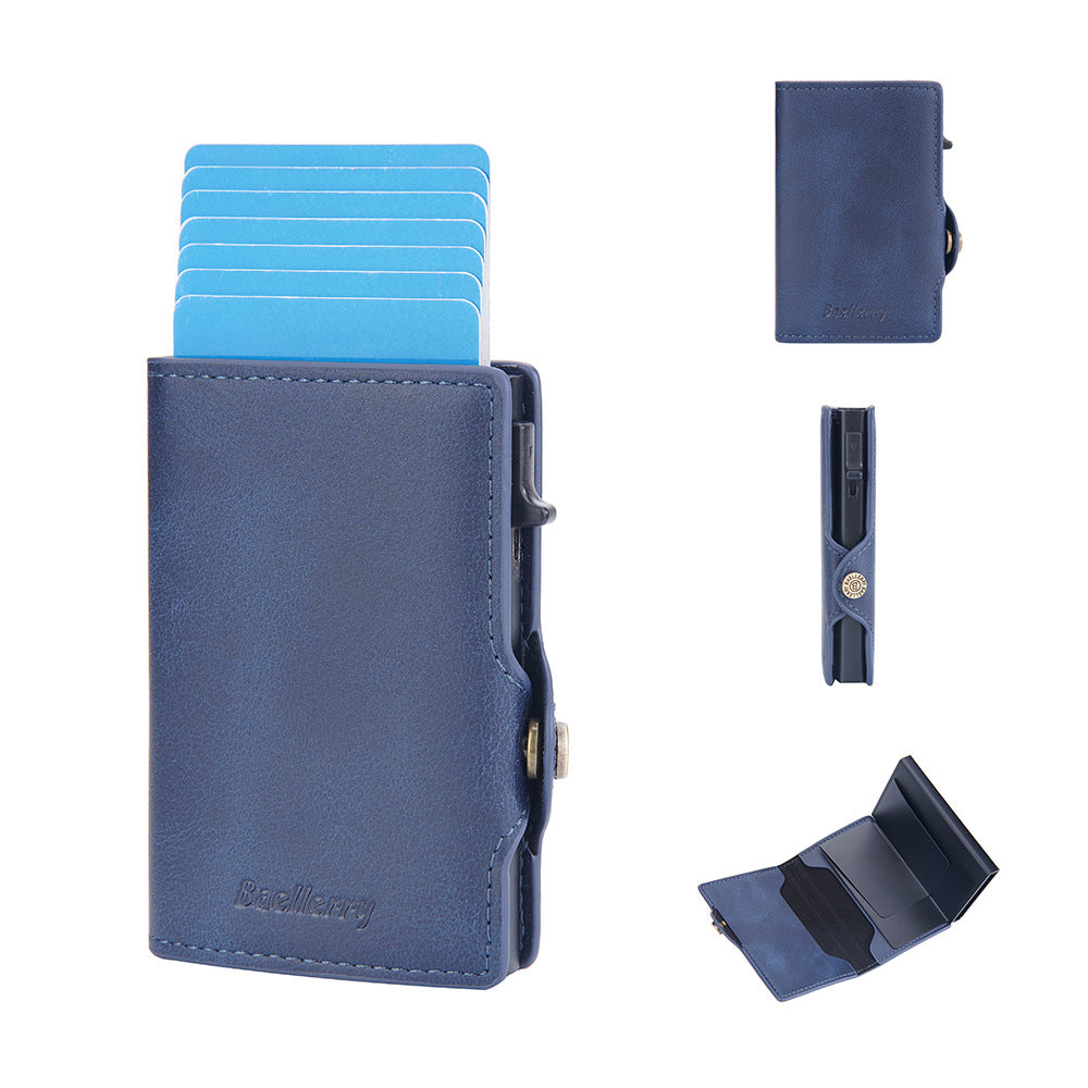 Men's Contrast Color Side Push Short Automatic Card Holder