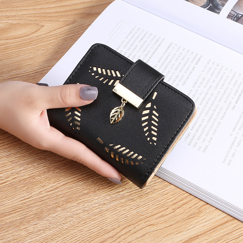 Women's Korean Style Short Zipper Hasp Hollow Leaves Ladies Wallet