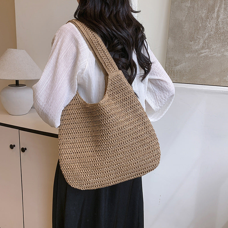 Women's Beach Woven Portable Straw Vegetable Basket Silk Women's Shoulder Bag