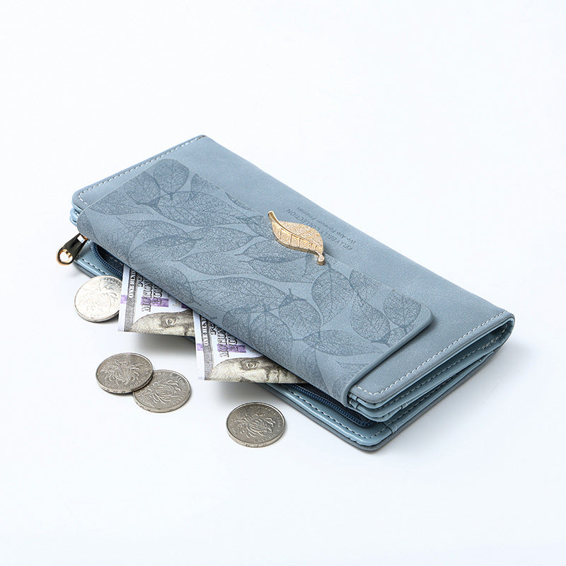 Women's Large Capacity Long Retro Frosted Leaf Card Holder
