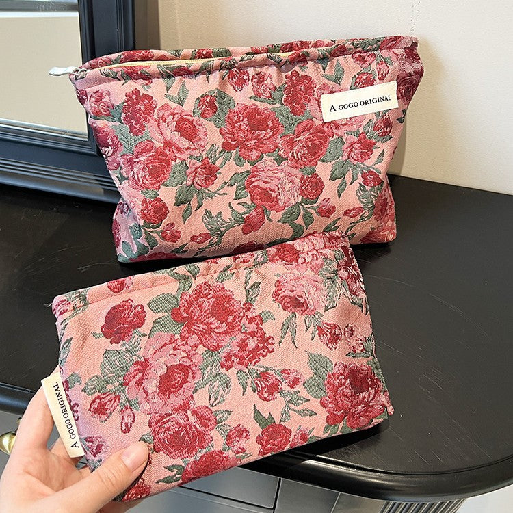 Women's Retro Dark Red Flower Jacquard Fabric Makeup Bag