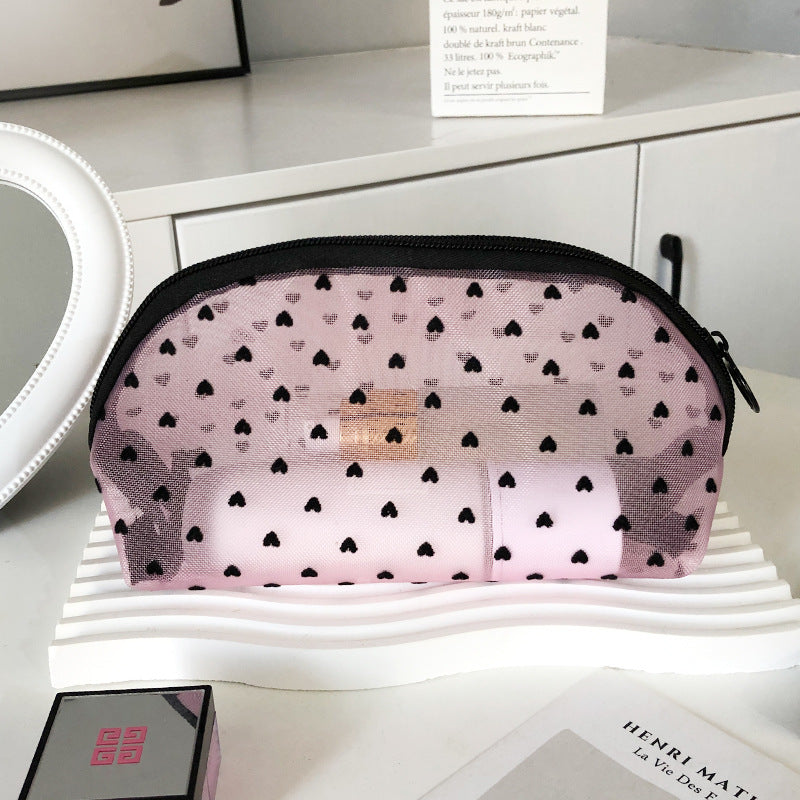 Flocking Pink Mesh Heart Portable Wash Cosmetic Bags
