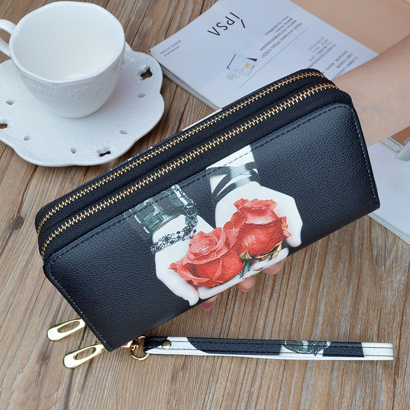 Women's Double Zipper Clutch Long Soft Leather Fashion Printing Purses