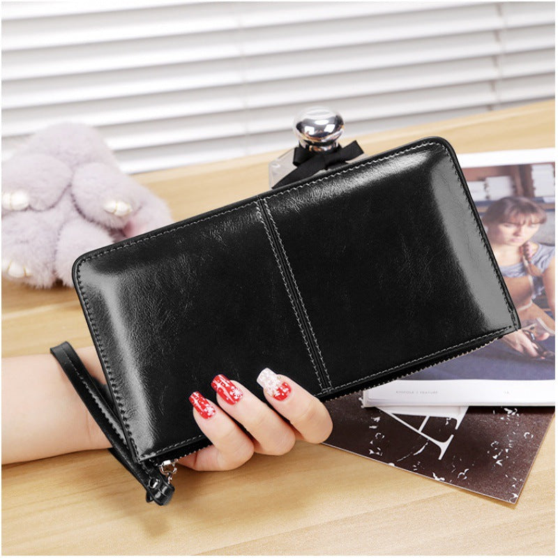 Women's Zipper Hasp Korean Style Large Capacity Oil Wax Leather Ladies Wallet