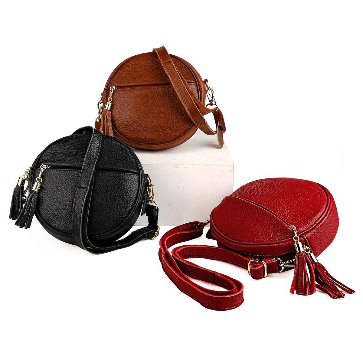 Women's First Layer Leather Trendy Storage Round With Shoulder Bags