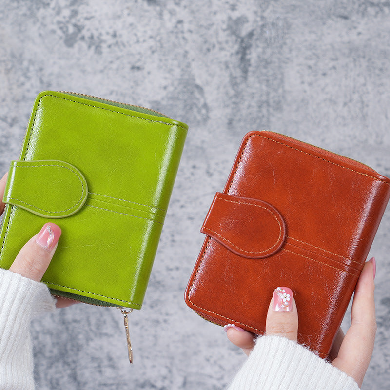 Women's Oil Wax Leather Vintage Short Korean Fashion Zipper Ladies Wallet