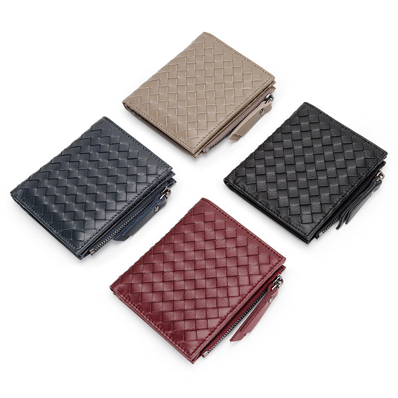 Women's Sheepskin Woven Fold Multiple Slots Vertical Leather Ladies Wallet