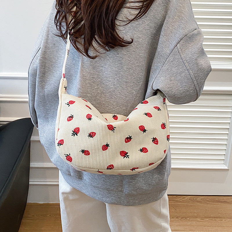 Trendy Female Strawberry Corduroy Large Capacity Shoulder Bags