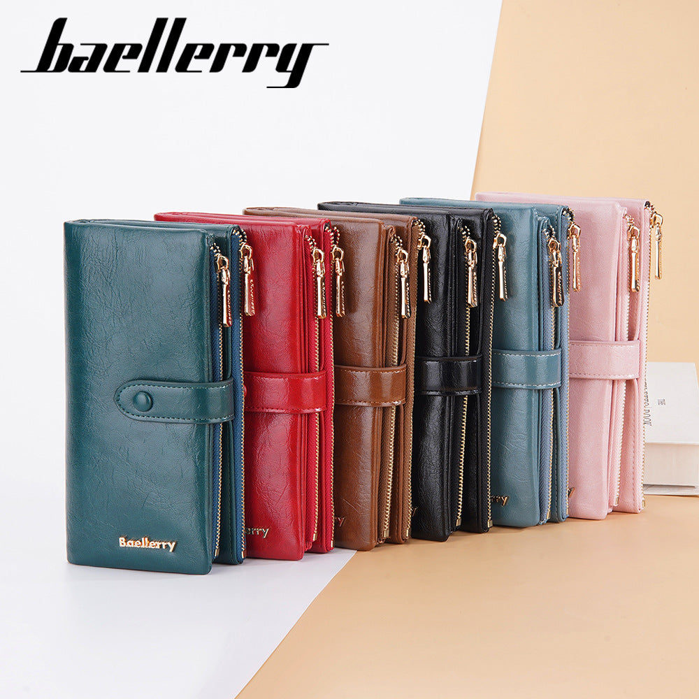 Women's Long Oil Wax Leather With Double Coin Purses