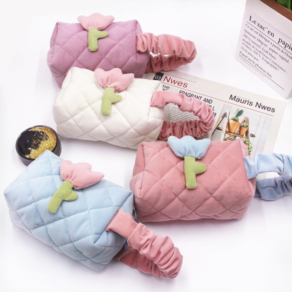 Women's Corduroy Large Capacity Cute Flowers Portable Cosmetic Bags