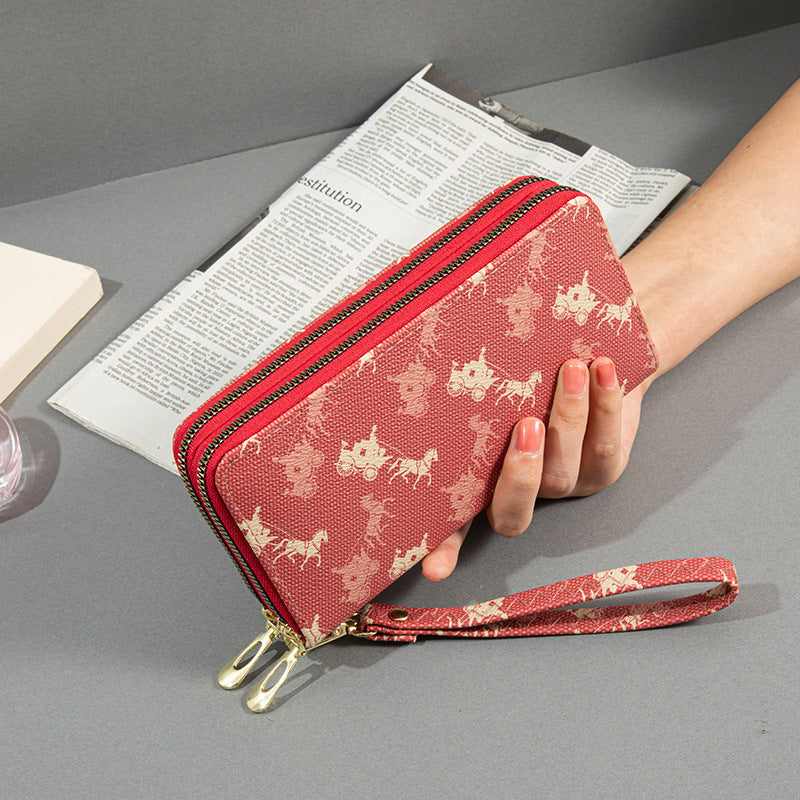 Women's Double Zip Long Printed Clutch Mobile Phone Bags