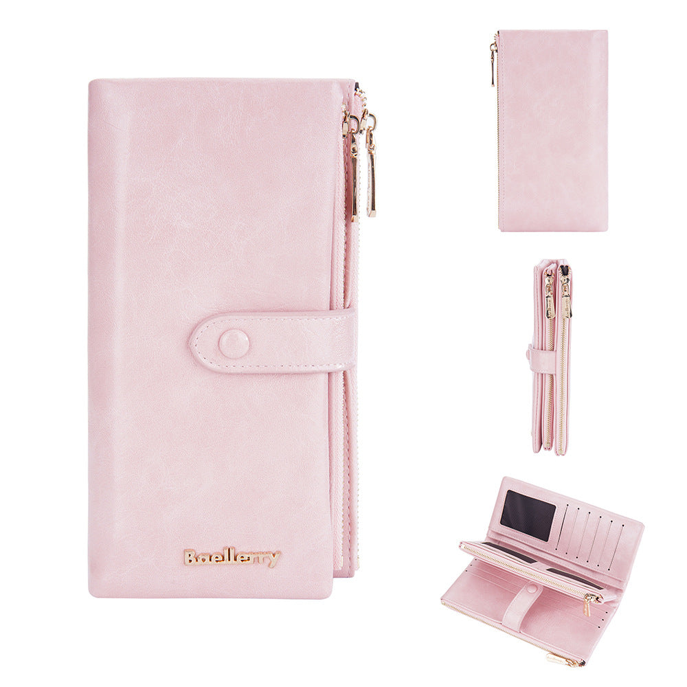Women's Long Oil Wax Leather With Double Coin Purses