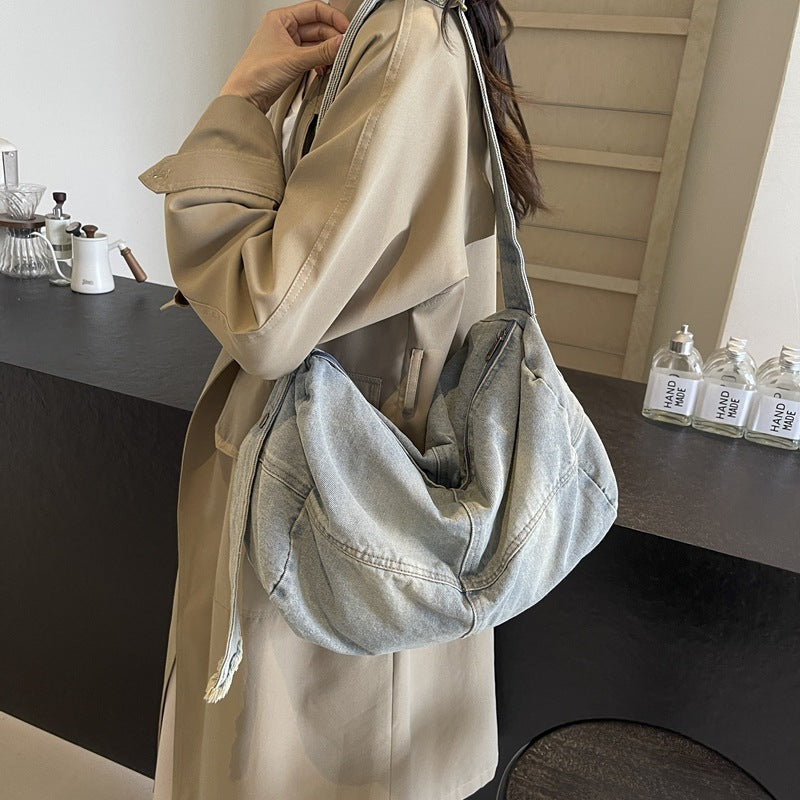 Women's Large Capacity Denim Retro Distressed Underarm Women's Shoulder Bag