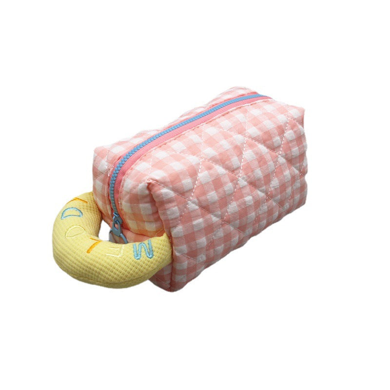Women's Large Capacity Checked Cloth Pencil Embroidery Cotton Cosmetics Storage Makeup Bag