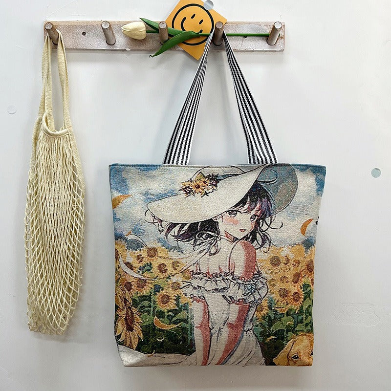 Women's Large Capacity Totes Gold Silk Embroidered Canvas Creative Women's Shoulder Bag