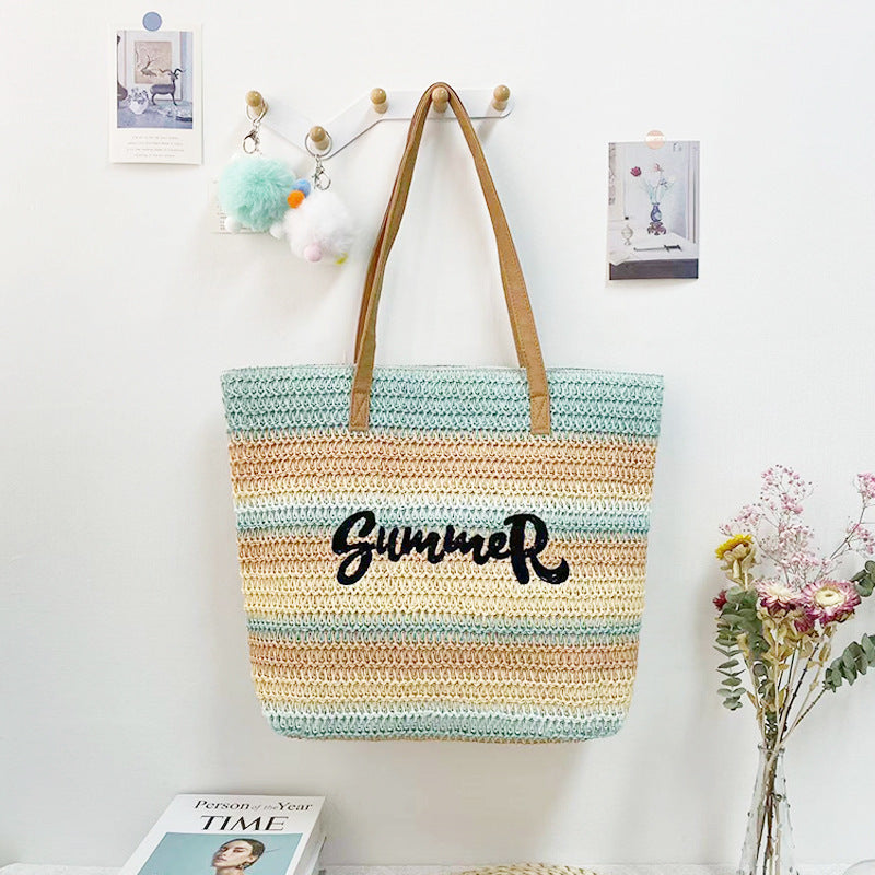 Women's Straw Shopping Striped Letters Beach Handbags