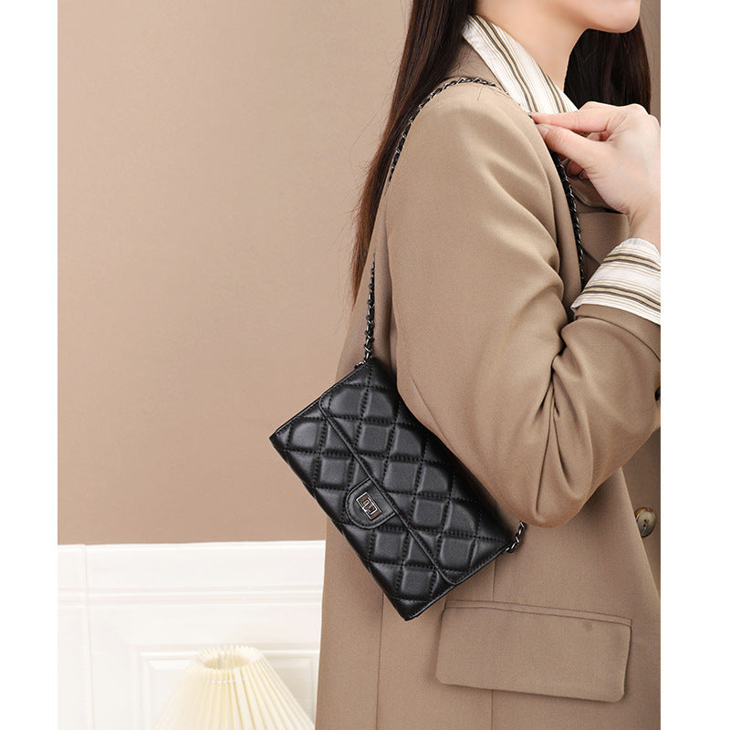 Women's Long Sheepskin Embroidered Classic Style Diamond Plaid Stylish Versatile Handbags