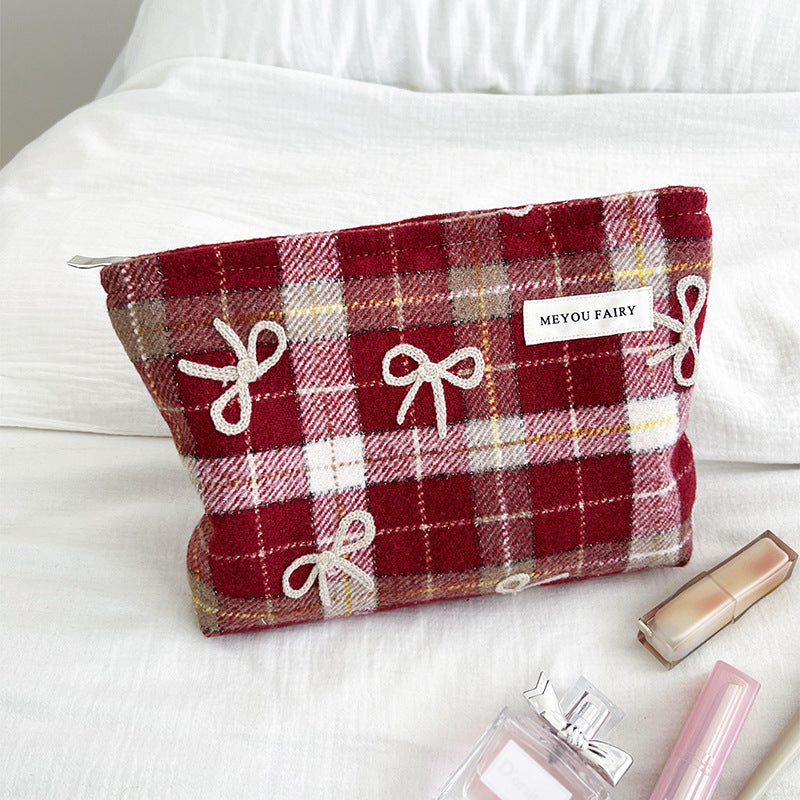 Embroidered Bow Plaid Valentine's Day Gift Wash Makeup Bag