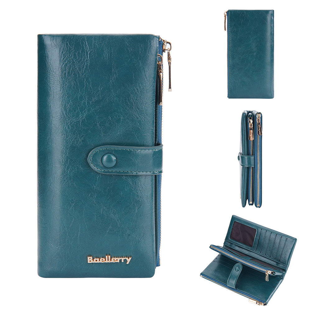 Women's Long Oil Wax Leather With Double Coin Purses