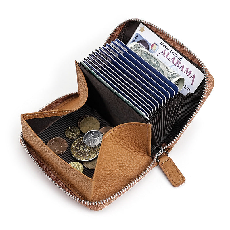 Swiping Genuine Leather Multifunctional Zipper First Layer Organ Card Holder