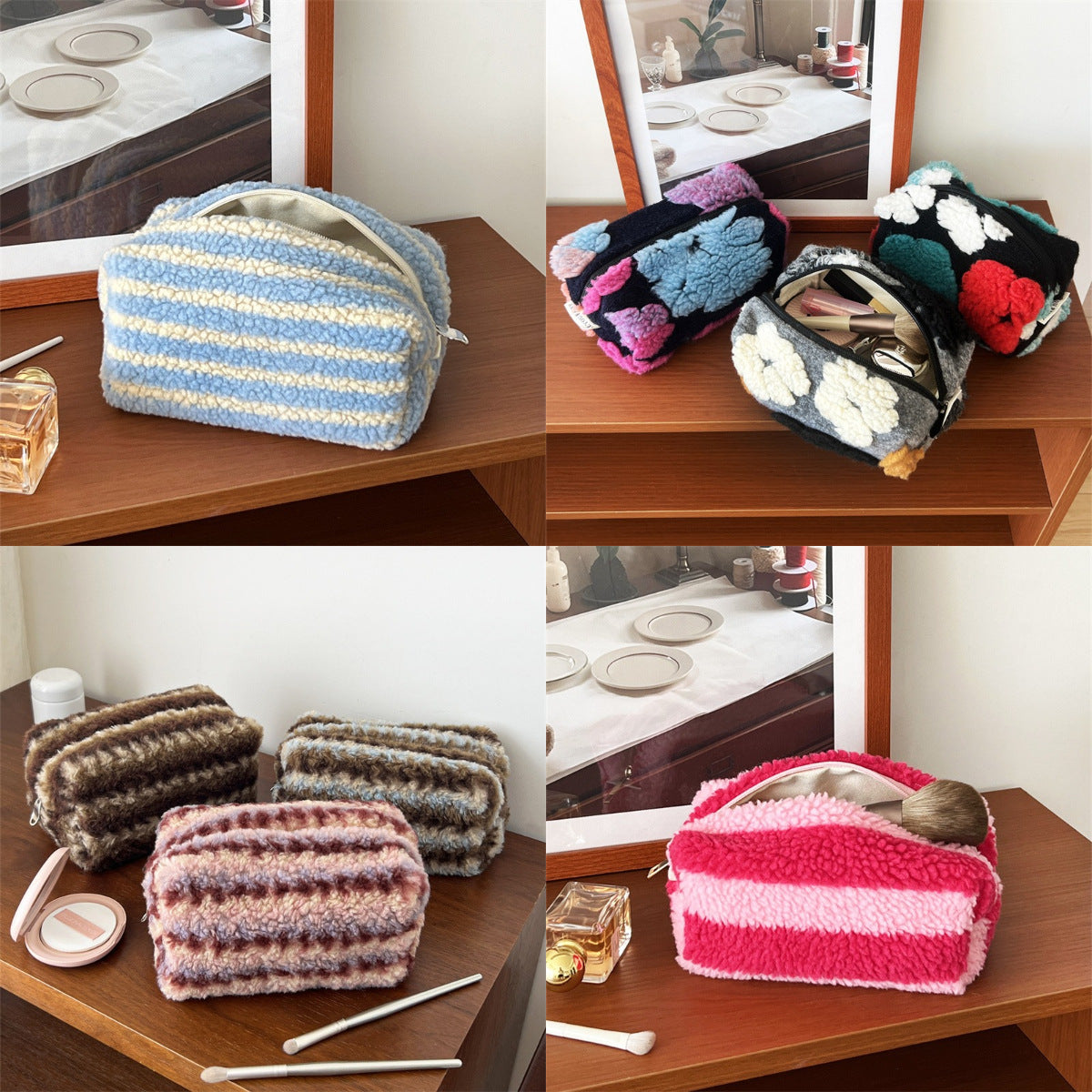 Striped Plush Large Capacity Pencil Wash Portable Storage Bags